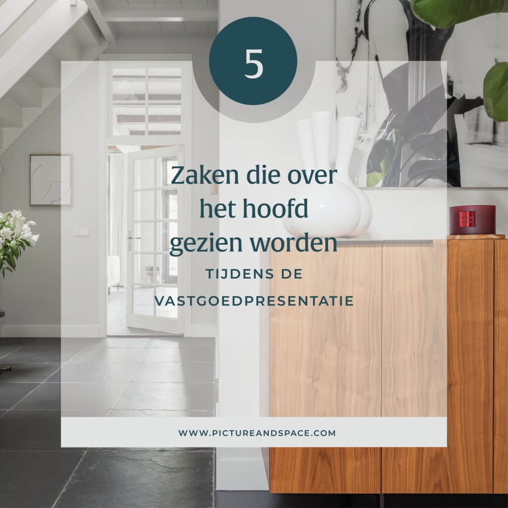 Header image for the blog post: Things Often Overlooked in Real Estate Presentation. In the background, a hallway with a wooden cabinet, a white vase, and a plant.