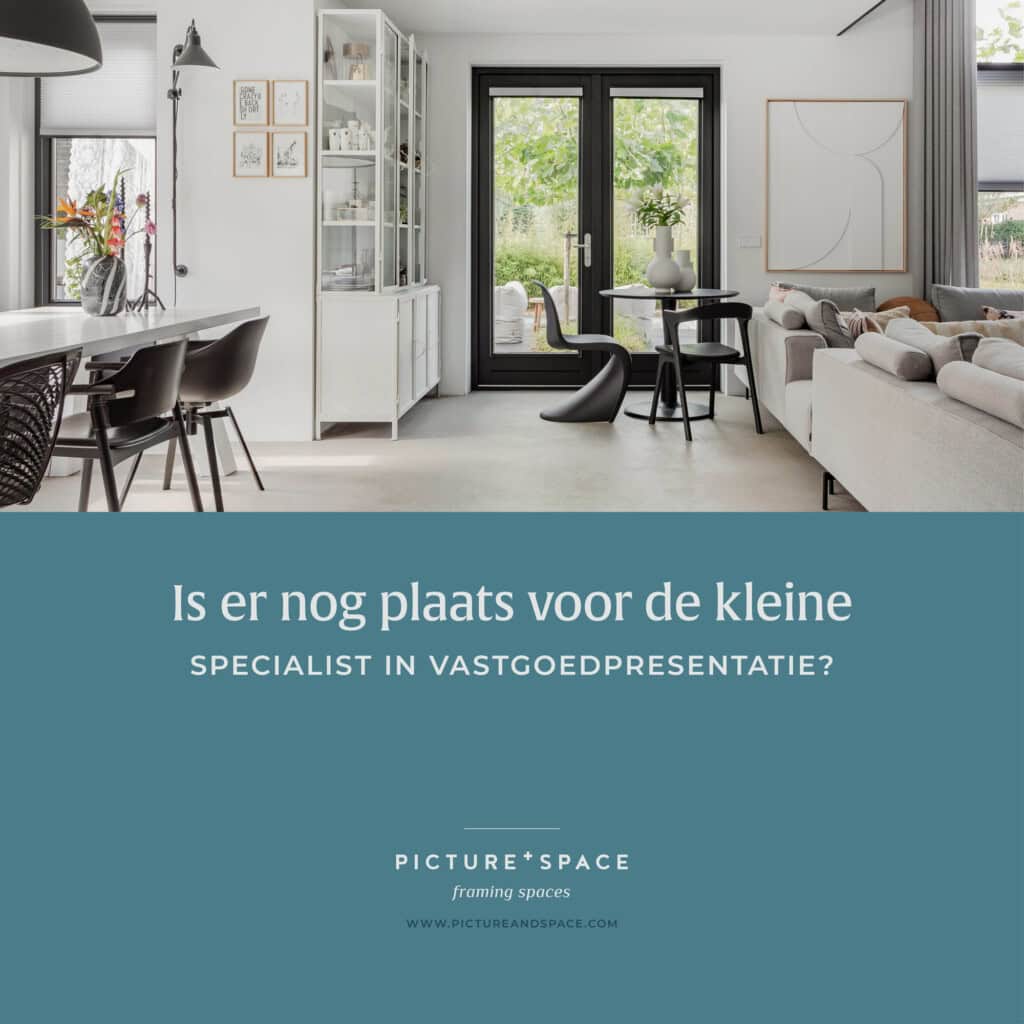 Header image for the blog Is there still room for the real estate presentation specialist? Text and photo. The image shows a bright living room with a view of the garden. The living room features natural and black accents.