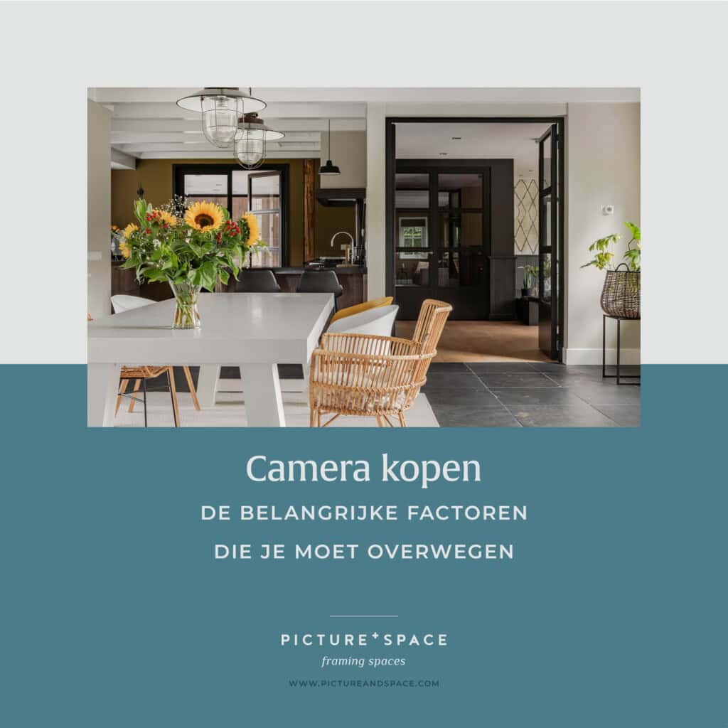 Header image for a blog about buying a camera and key factors to consider, showing a styled dining room with a view into the kitchen and double doors leading to the living room.