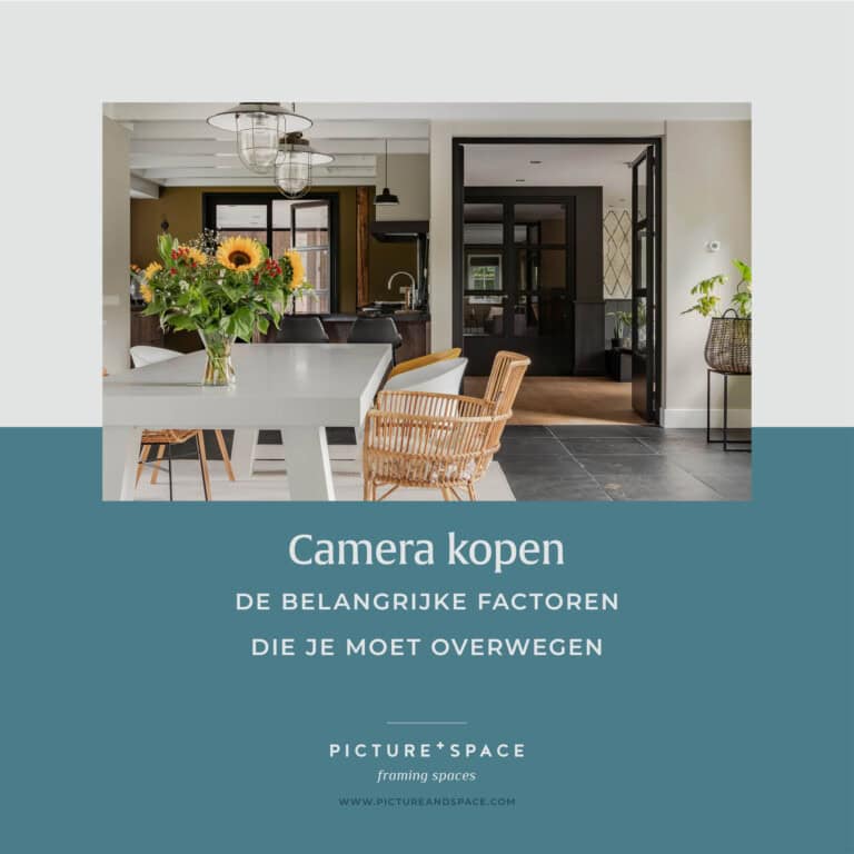 Header image for a blog about buying a camera and key factors to consider, showing a styled dining room with a view into the kitchen and double doors leading to the living room.