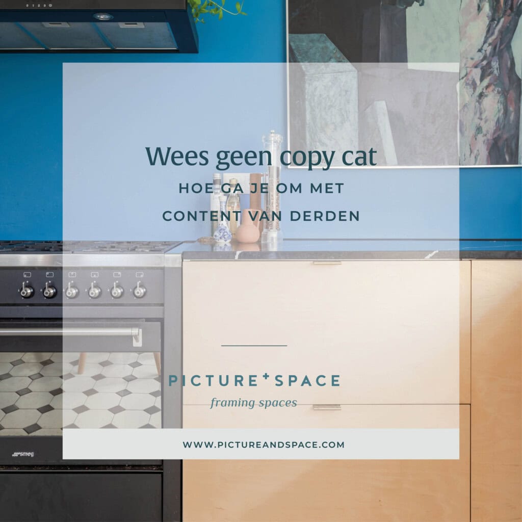 Header image for the blog Don't be a copycat, how to deal with third-party content with a wooden kitchen with a black stove and a blue wall in the background.