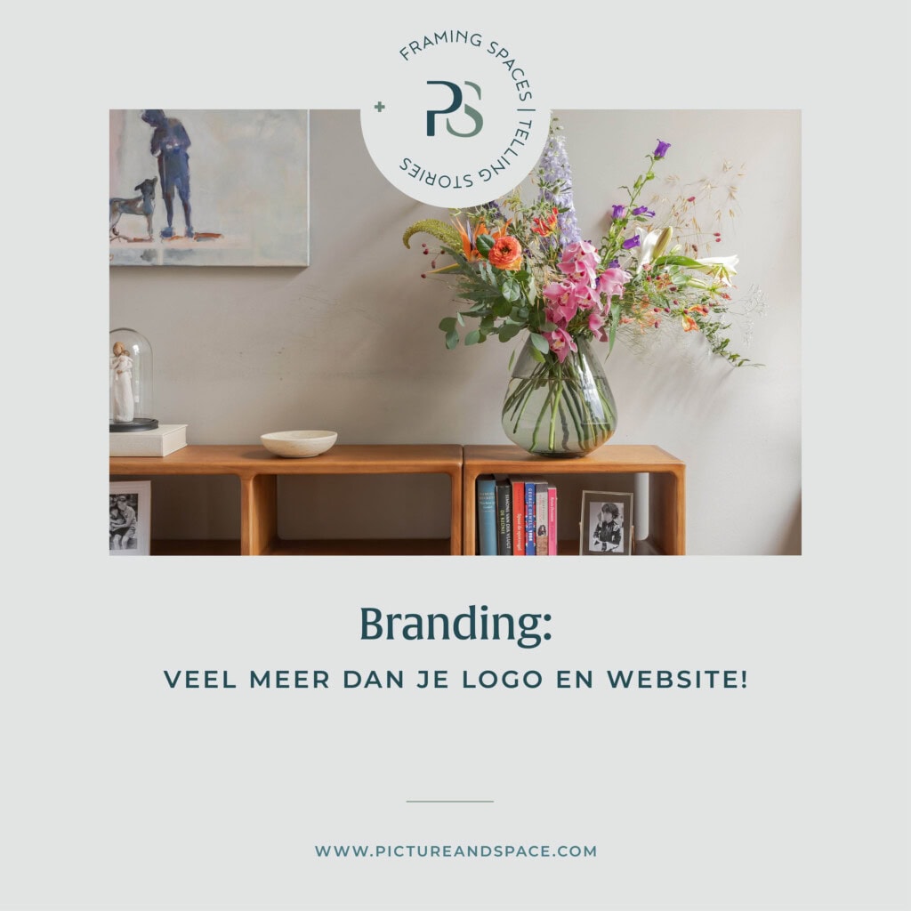 Header image for “Branding, much more than just your logo and website.” The image shows a large vase of flowers on a low sideboard with books.