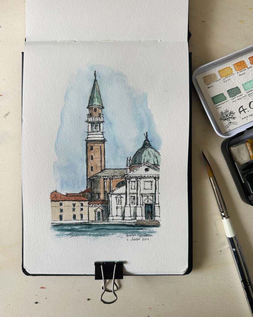 An ink and watercolor drawing of Venice by Nicolet Groen.