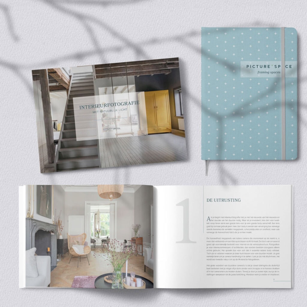 Book cover and interior page of the book Interior Photography with Natural Light – Nicolet Groen